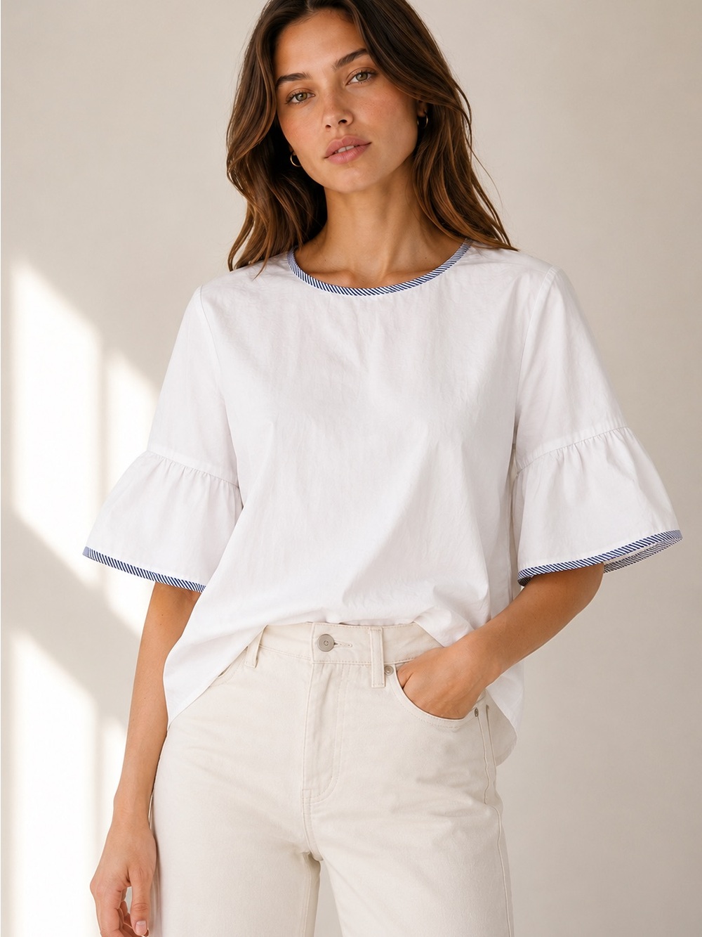 J.Crew White Cotton Poplin Bell Sleeve Button Back Blouse Size 2